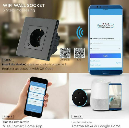 V-TAC Μονή Χωνευτή Πρίζα Ρεύματος Wi-Fi Μαύρη