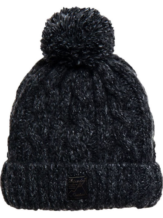 Tweed Cable Pom Pom Beanie Γυναικείος Σκούφος Πλεκτός σε Μαύρο χρώμα