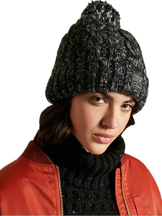 Tweed Cable Pom Pom Beanie Γυναικείος Σκούφος Πλεκτός σε Μαύρο χρώμα