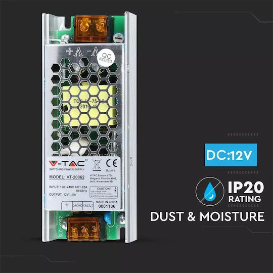 V-TAC VT-20062 Dimmable Τροφοδοτικό LED IP20 Ισχύος 60W με Τάση Εξόδου 12V