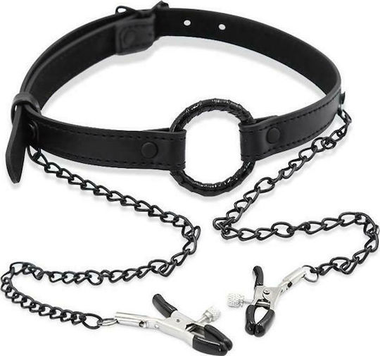 IntoYou Black Shadow Gag with Nipple Clamps Φίμωτρο Vegan Leather σε Μαύρο Χρώμα