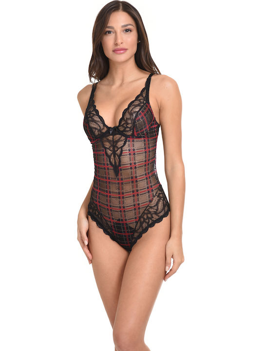 Lingerie Spaghetti Strap String Bodysuit with Mesh & Lace Black