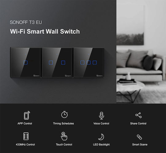 Sonoff Recessed Touch Wall Switch Wi-Fi Lighting One-Way with Frame Black