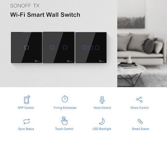 Sonoff ΤΧ-T3EU3C Recessed Touch Wall Switch Wi-Fi Lighting Triple with Frame Black