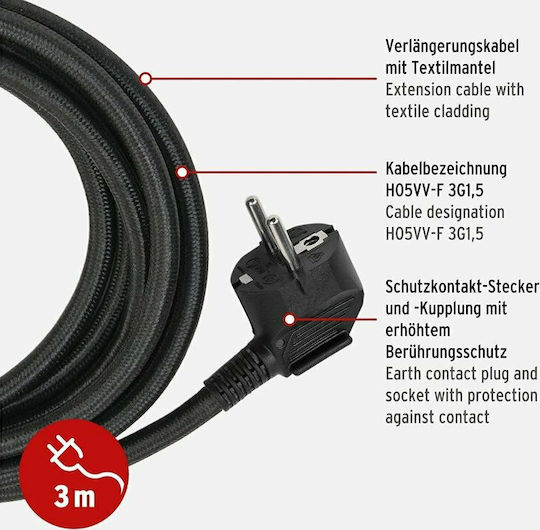 Brennenstuhl Extension Cable Cord 3 x 1.5mm²/3m Black