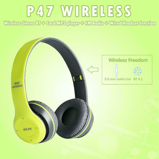 P47 Wireless BT On Ear Headphones with 10 hours of Operation Green