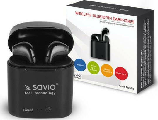 Savio TWS-02 Earbud Bluetooth хендсфри Слушалки с Кутийка за Зареждане Черен
