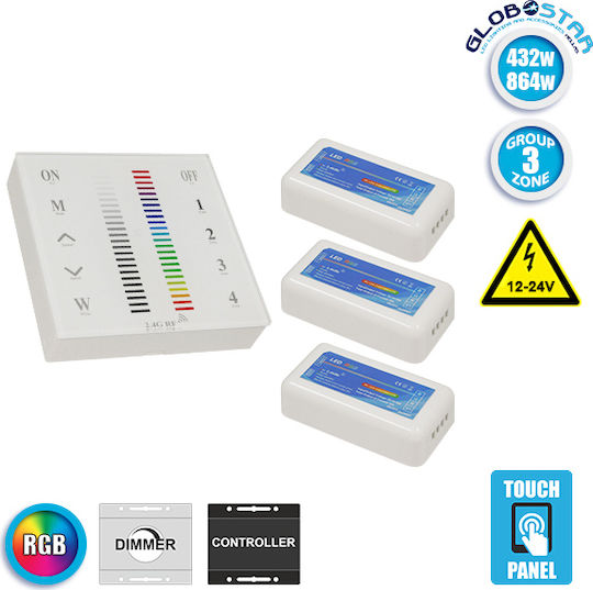 GloboStar Wandmontierter Dimmerschalter mit Rahmen LED-Streifen Berühren Sie Set 2.4G Controller RGB 12-24 Volt 432/864 Watt für Drei Gruppen