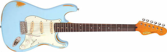 Vintage V6 Icon Electric Guitar Stratocaster with SSS Pickup Configuration Distressed Laguna Blue