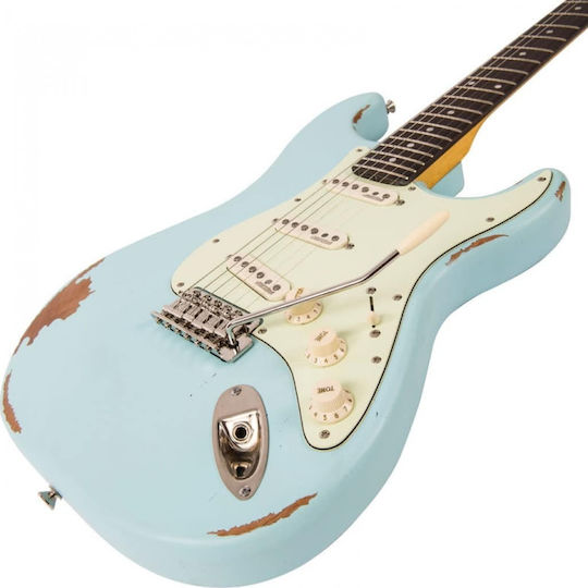 Vintage V6 Icon Electric Guitar Stratocaster with SSS Pickup Configuration Distressed Laguna Blue
