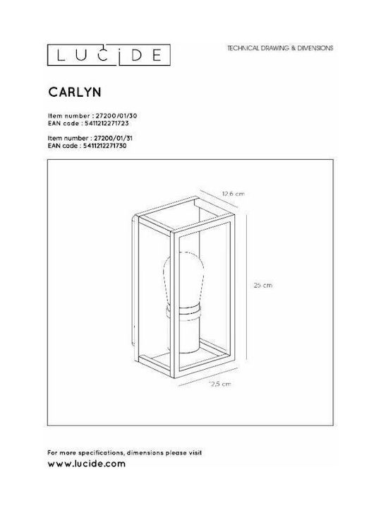 Lucide Lightning Carlyn Wall-Mounted Outdoor Light E14 IP54 12.6x12.5x25εκ.