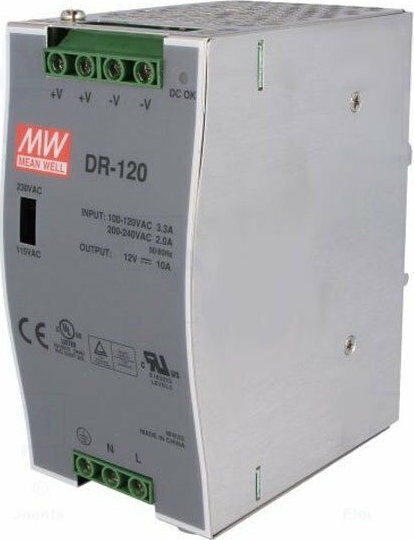 Mean Well Τροφοδοτικό Ράγας με Έξοδο 12V και Ισχύ 120W 10A