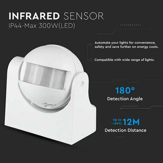 V-TAC VT-8003 Senzor De Mișcare Cu Fir Infraroșu 180° Rază De Acțiune 12m