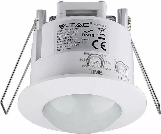 V-TAC VT-8029 Motion Sensor Battery with Range 6m Infrared Recessed Max 300W Viewing Angle 360° in White Color 5090