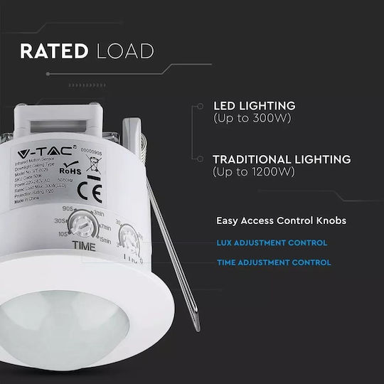 V-TAC VT-8029 Ενσύρματος Αισθητήρας Κίνησης Υπερύθρων 360° Εμβέλειας 6m