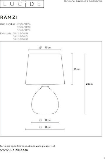 Lucide Lightning Ramzi Keramik Tischlampe für E14 Fassung mit Grau Hut und Basis