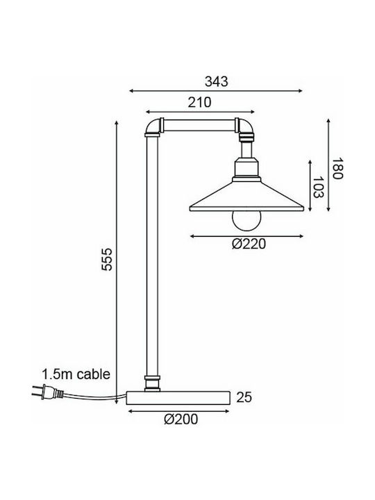 Aca Pipe Metal Table Lamp for Socket E27 with Black Shade and Base
