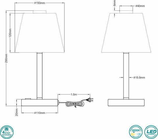 Trio Lighting Emerald Metall Tischlampe LED mit Weiß Schirm und Silber Basis