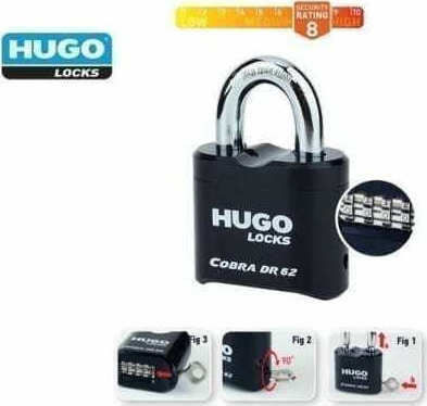 Hugo Locks Cobra DR62 Steel Padlock Brass Combination 62mm Black 1pcs