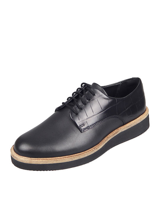 Baille Stitch Δερμάτινα Γυναικεία Derby σε Μαύρο Χρώμα