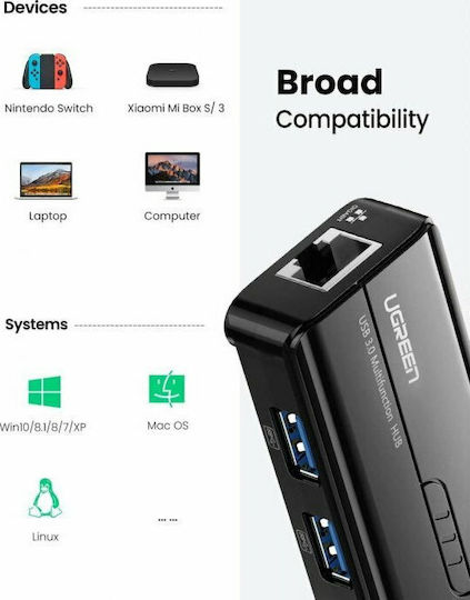 Ugreen 3-Port USB 3.0 Hub with USB-A / Ethernet Connection