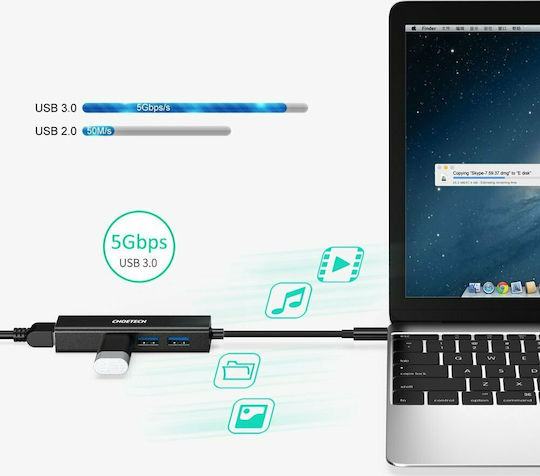 Choetech Хъб 4 Порта USB 3.0 с USB-C / Ethernet Свързаност Сив