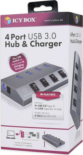 Icy Box USB-Hub 4 Anschlüsse USB 3.0 mit USB-A Anschluss Silber