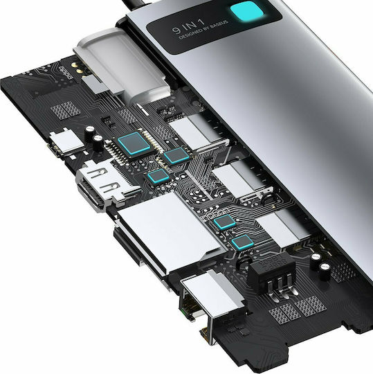 Baseus Gleam USB-C Docking Station με HDMI 4K PD Ethernet και συνδεση 2 Οθονών Γκρι