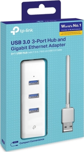 TP-LINK v1 USB-Hub mit 3 USB 3.0 Schnittstellen mit USB-A Anschluss Ethernet Weiß