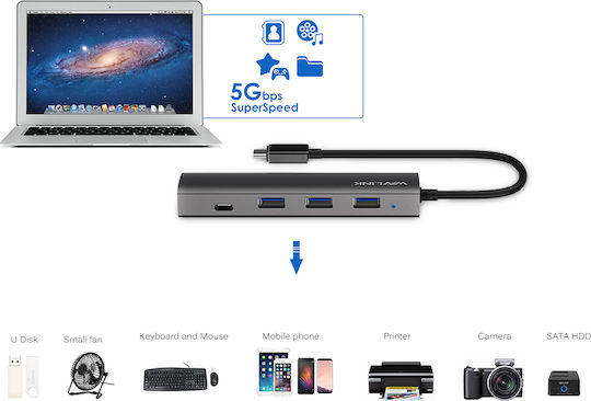 Wavlink UH3047C1 Hub 4 Θυρών USB 3.0 με σύνδεση USB-C Γκρι
