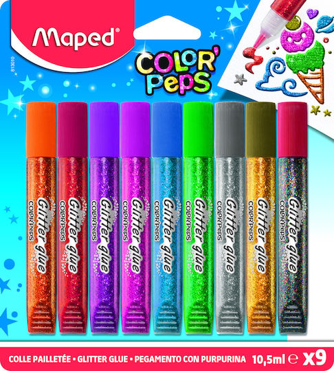 Maped Color'Peps Κόλλα Glitter Πολύχρωμη 10.5ml Σετ 9τμχ