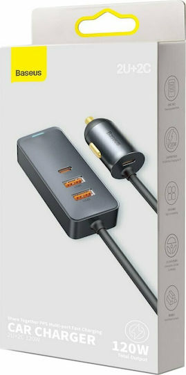 Baseus Share Together Φορτιστής Αυτοκινήτου 120W Γρήγορης Φόρτισης με Θύρες: 2xUSB 2xType-C Γκρι Χρώμα