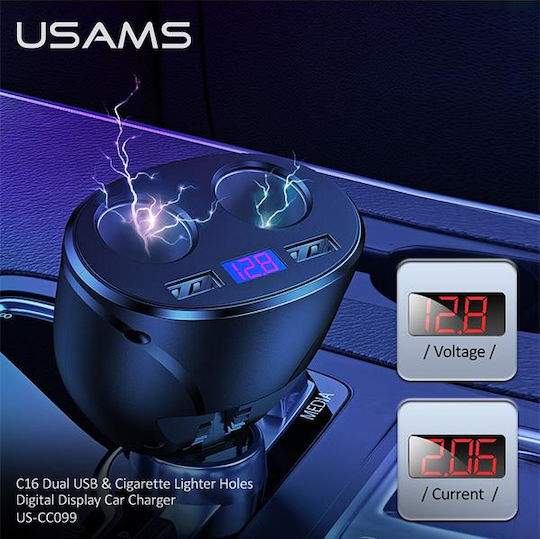 Usams US-CC099 Φορτιστής Αυτοκινήτου 96W 2.4A με Θύρες: 2xUSB 2xΑναπτήρα Μαύρο Χρώμα