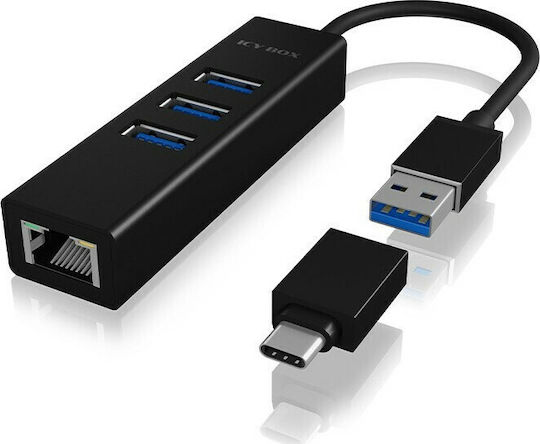 Icy Box Hub 4 Θυρών USB 3.0 με σύνδεση USB-A / USB-C / Ethernet