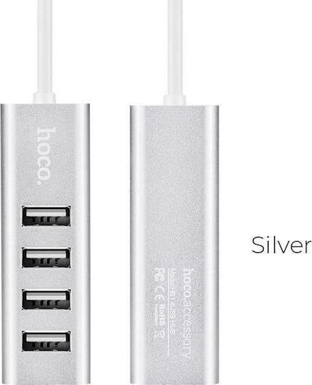 Hoco HB1 Hub USB 4 Porturi USB 2.0 cu Conectare USB-A Argintiu
