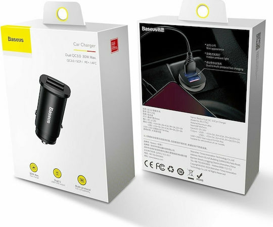 Baseus Auto-Ladegerät 3.1A Schnellladung mit Anschlüssen: 2xUSB Schwarz Farbe