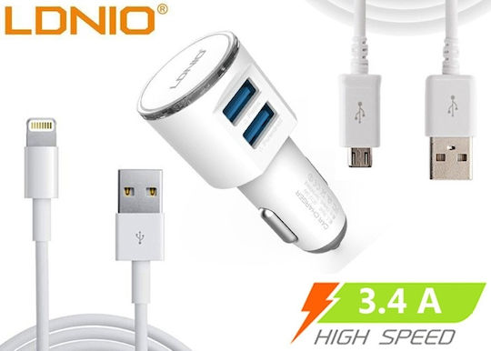 Ldnio DL-C29 Φορτιστής Αυτοκινήτου 17W 3.4A με Θύρες: 2xUSB-A μαζί με Καλώδιο Micro-USB Λευκό Χρώμα