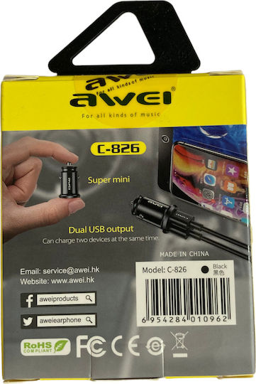 Awei Φορτιστής Αυτοκινήτου C-826 12W 2.4A Γρήγορης Φόρτισης με Θύρες: 2xUSB Μαύρος