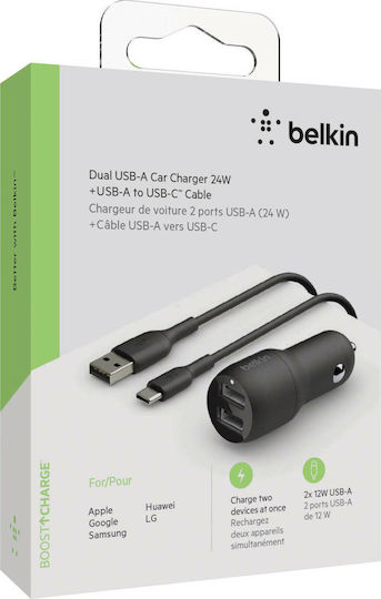 Belkin Car Charger 24W 2.4A with Ports: 2xUSB with Cable Type-C Black Color