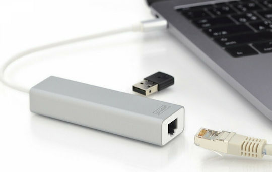 Digitus Hub USB 3 Porturi USB 3.0 cu Conectare USB-C Ethernet Argintiu