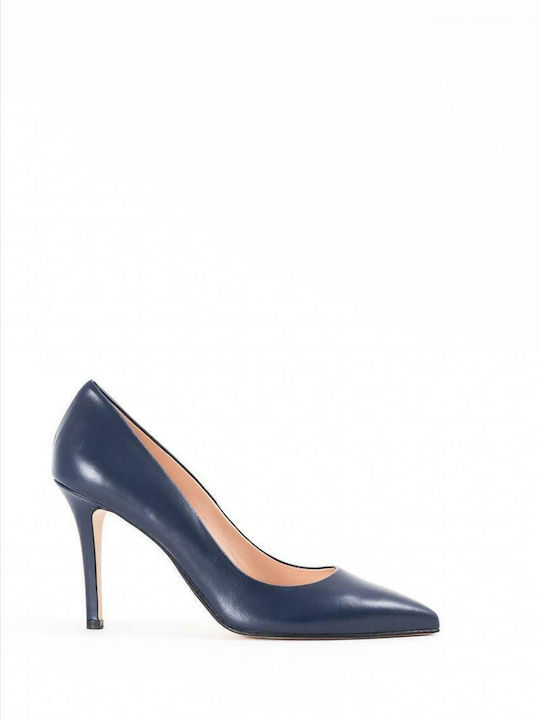 Leather Pointed Toe Stiletto Navy Blue High Heels 85300