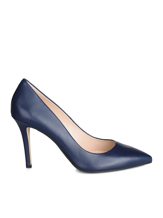 Leather Pointed Toe Stiletto Navy Blue High Heels 85300