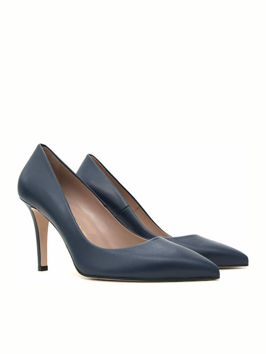 Leather Pointed Toe Stiletto Navy Blue High Heels 85300