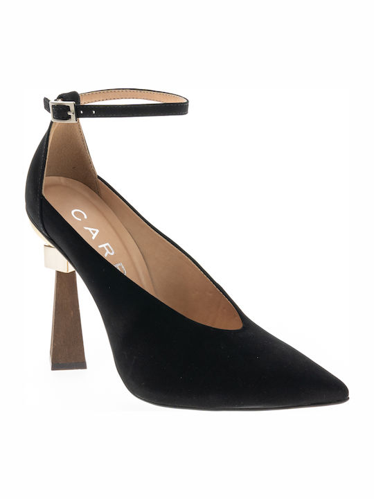 Carrano Suede Pointed Toe Black High Heels with Strap