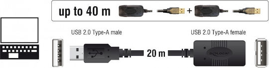 DeLock USB 2.0 Cable USB-A male - USB-A female Μαύρο 20m (82690)