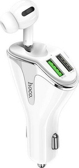 Hoco E47 Pro Traveller Auto-Ladegerät 18W 3.1A mit Anschlüssen: 2xUSB und Bluetooth-Kopfhörer Weiß Farbe