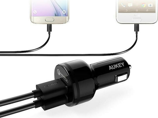 Aukey CC-T8 Car Charger 36W 3A Fast Charging with 2 USB Ports Micro-USB Cable Black Color