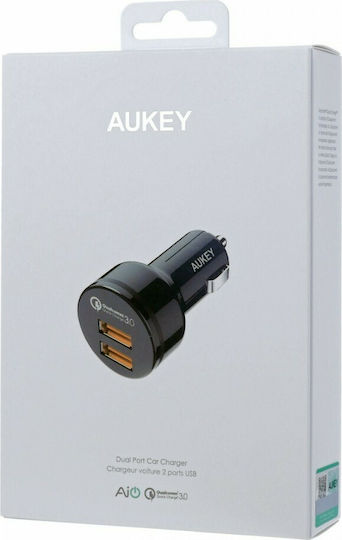 Aukey CC-T8 Car Charger 36W 3A Fast Charging with 2 USB Ports Micro-USB Cable Black Color