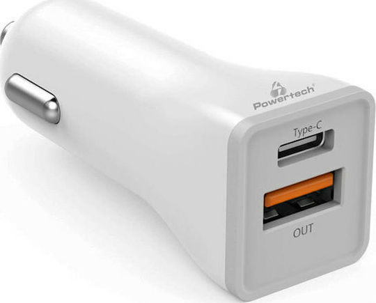 Powertech Încărcător Auto 18W 3A cu Porturi: 1xUSB 1xType-C Alb Culoare