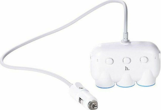 Hoco C1 Auto-Ladegerät 15.5W 3.1A mit Anschlüssen: 3xZigarettenanzünder mit Kabel Eingebettet Weiß Farbe